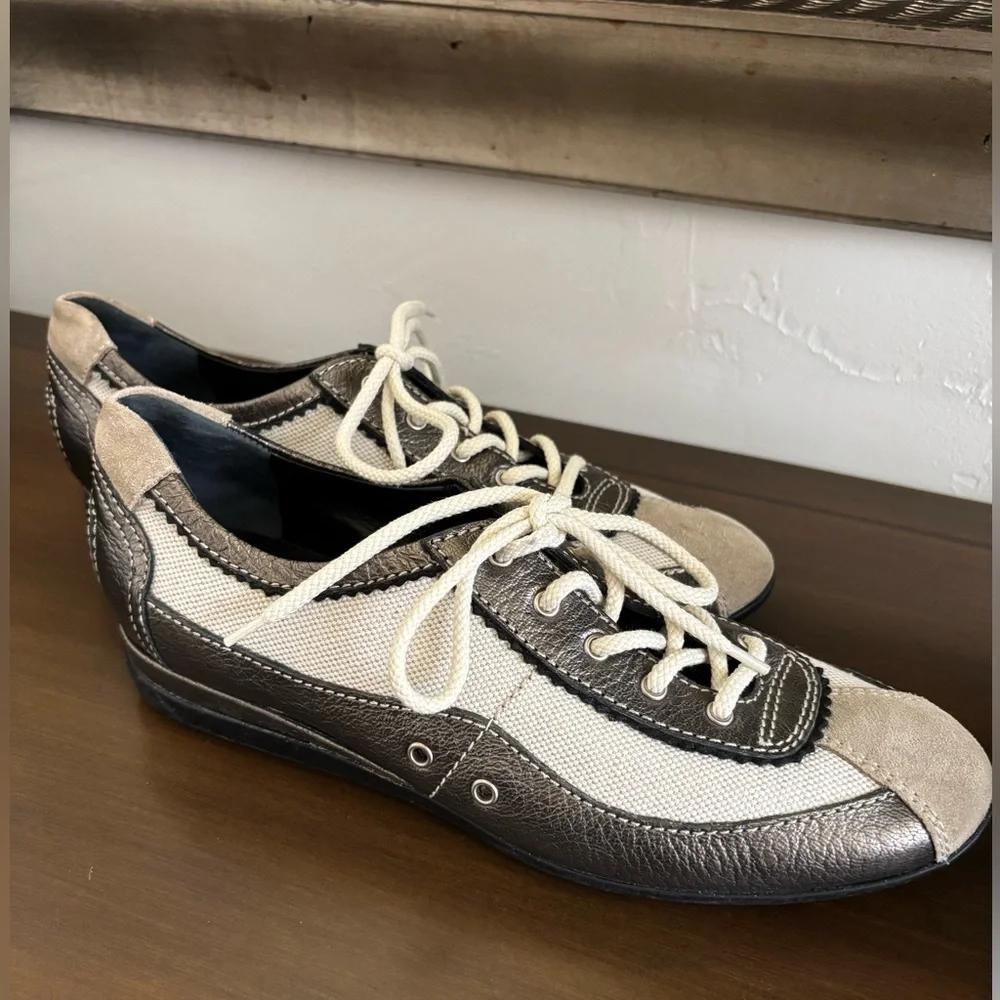 St. John Metallic Leather Beige/Cream Canvas Detail Sneakers Like New